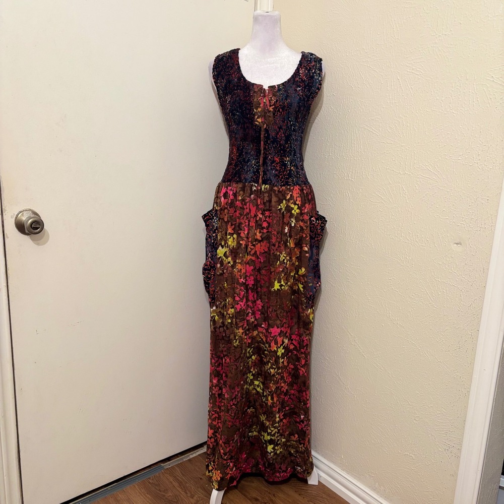 Lotus Traders Peasant Boho Floral Batik Smocked Lace Up Maxi Dress One Size